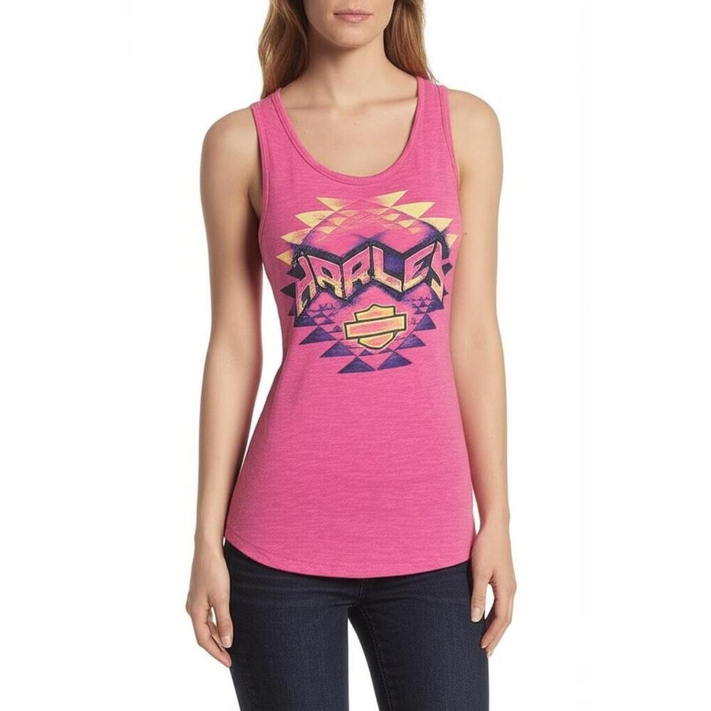 Harley Davidson Pink Graphic Print Bar Shield Logo Scoop Neck Tank Top L